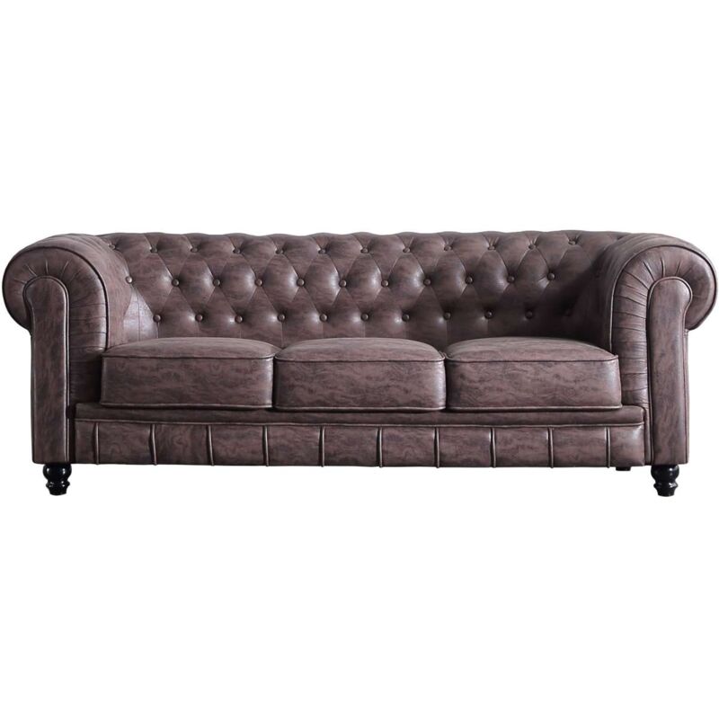 

Sofá 3 plazas Chesterfield en tela Velvet o semil piel 211 cm(ancho) 75 cm(altura) 84 cm(fondo). Color IMITACION CUERO VIEJO CHOCOLATE