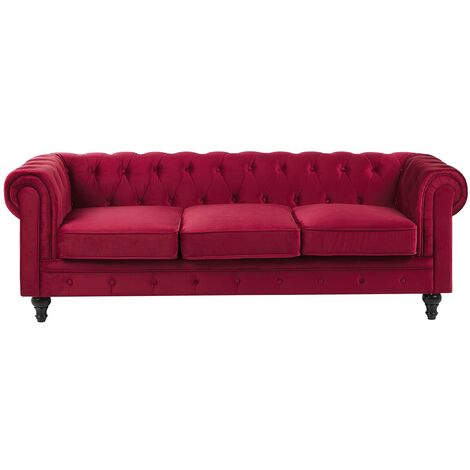 Sofá 3 plazas Chesterfield tapizado en tela de terciopelo rojo patas de madera oscura estilo contemporáneo Chesterfield