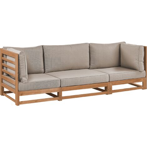 Sofá 3 plazas de madera de acacia clara cojines gris pardo exterior Trani