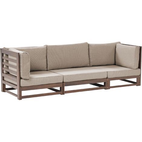 Sofá 3 plazas de madera de acacia oscura cojines gris pardo exterior Trani