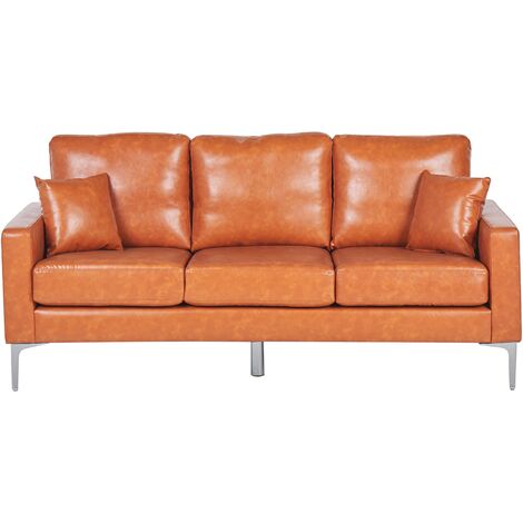Sofá 3 plazas de piel sintética marrón dorado asiento respaldo acolchado patas de metal cojines moderno Gavle