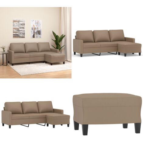 Sofá 3 plazas y taburete cuero sintético color capuchino 180 cm - Sofá cuero sintético - Sofá con taburete
