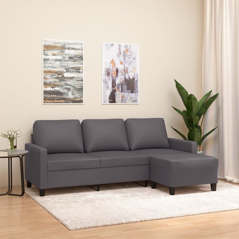 Vidaxl 3-sitzer-sofa Mit Hocker Grau 180 Cm Kunstleder