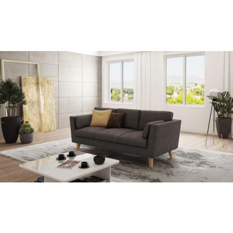 Sofa 3-Sitzer mit Holzfüßen Hannah aus Braun - Khaki Microfaser