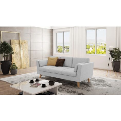 Sofa 3-Sitzer mit Holzfüßen Hannah aus Silber Luxusmicrofaser