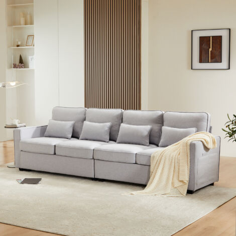 Sofá 4 plazas 264x83x87cm respaldo alto cojines lumbar lino color gris