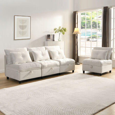 Sofá 4 plazas Almacenaje bajo asiento Espuma de alta densidad Tapizado chenilla color beige (Sin colchón)