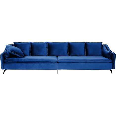 Sofá 4 plazas de terciopelo azul marino cojines glamour moderno sala de estar Aure