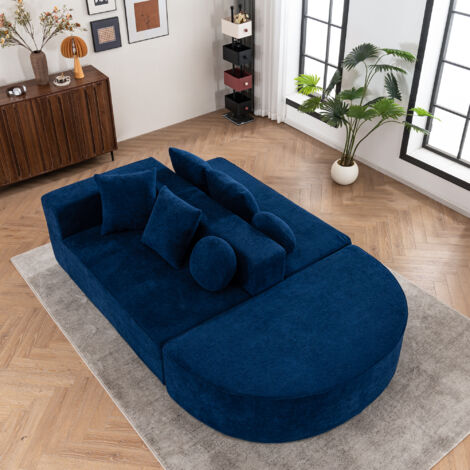 Sofá 5 plazas sin estructura, totalmente comprimido, modular, no requiere montaje, tejido de chenilla, color azul