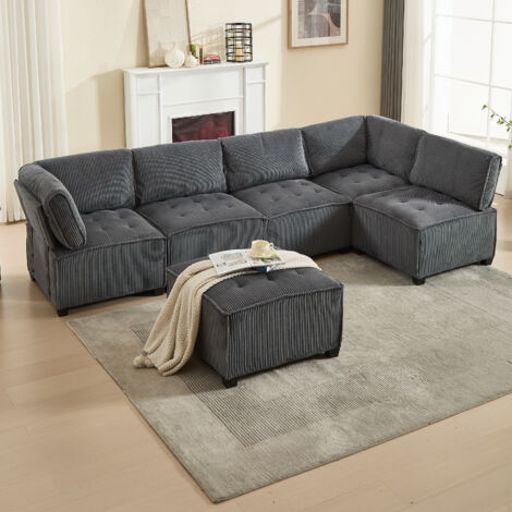 Sofa 6 plazas 308x154x82 cm, sofa modular, libremente combinable, terciopelo, gris