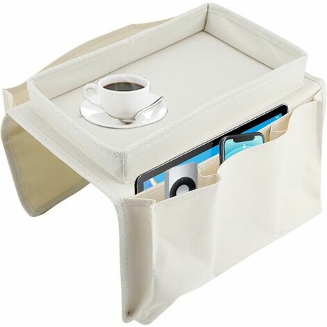 Sofa Armrest Hanging TV Remote Control Organizer Sofa Storage Bag with Cup Holder Tray Sofa Storage Tray (Beige)