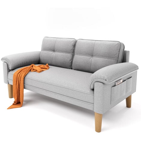 Sofá BeaLife 2 Plazas Estilo Escandinavo en Tela y Madera con 2 Cojines y Reposabrazos para Salón o Dormitorio 144x77x77 cm Gris