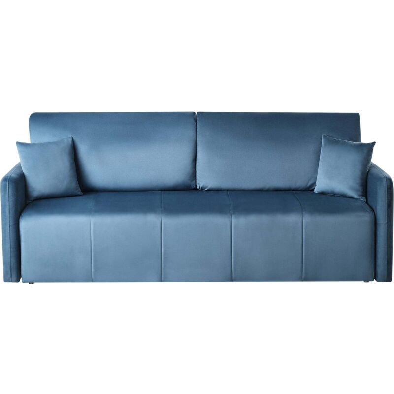 Beliani Velvet Sofa Blue Polyester Upholstery 3 Seater With Scatter Cushions Sleeper Function Living Room Settee Egge