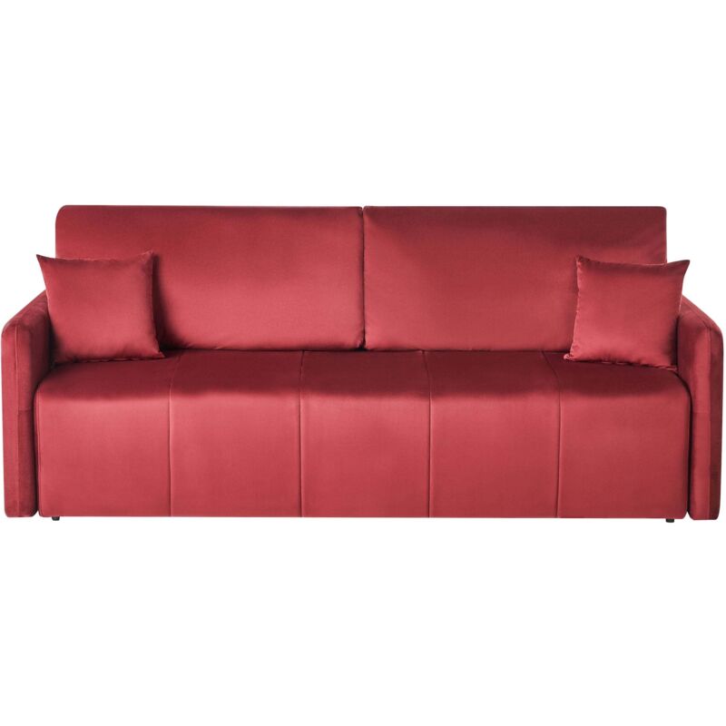 Beliani Velvet Sofa Burgundy Polyester Upholstery 3 Seater With Scatter Cushions Sleeper Function Living Room Settee Egge