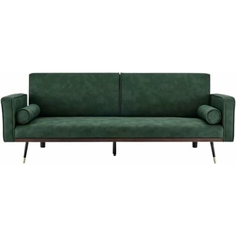 Sofa Bed - Green. Suede Fabric Low Folding Bed,Click Clack Mechanism. Recliner Couch To Double Bed. Space Saving Furniture For Living Room & Guest Room.