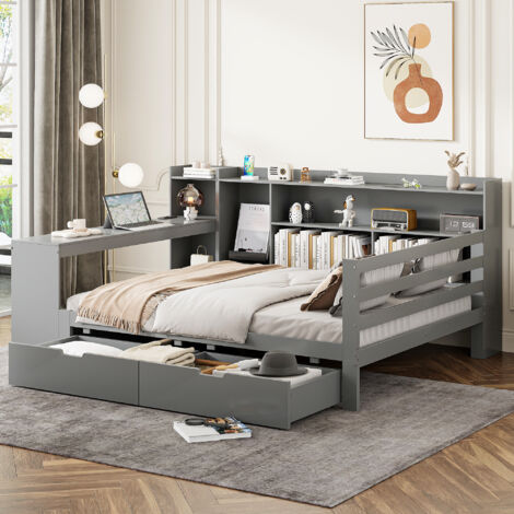 Sofá cama 140x200 cm con escritio y estantes funcional madera color gris (Sin colchón)