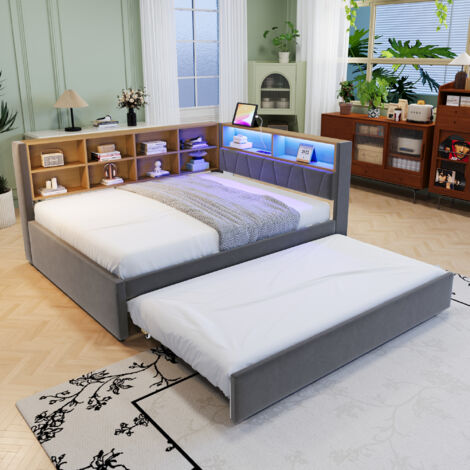 Sofá cama 140x200 cm LED integradas Puertos de carga Multifunción Franela color gris oscuro (Sin colchón)
