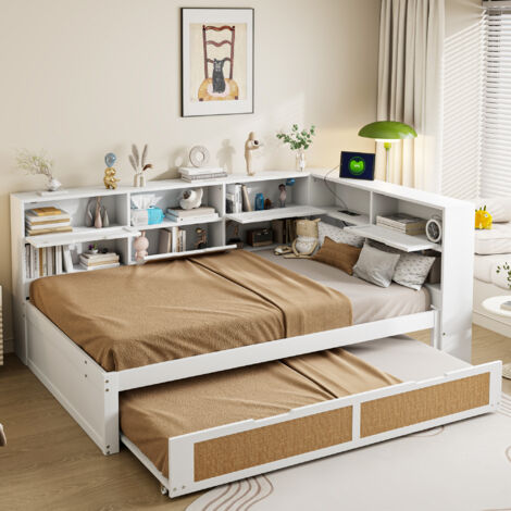 Sofá cama 140x200cm Con cajones y puertos USB Multifuncional Espacio de almacenamiento madera color blanco (Sin colchón)