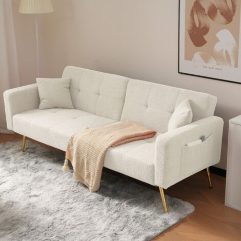 Sofá cama - 175x64x72 cm - 2 plazas con respaldo reclinable y bolsillos de almacenamiento - Patas doradas - Sherpa blanco crema