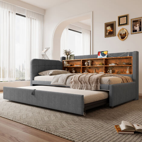 Sofá cama 90x200/180x200 cm diseño extraíble con puertos USB y espacio de almacenamiento lino color gris (Sin colchón)