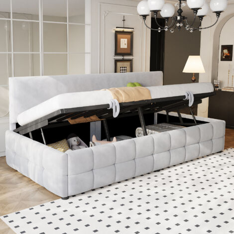 Sofá cama 90x200 cm almacenamiento hidráulico tapizado en terciopelo sin reposabrazos color gris claro (Sin colchón)
