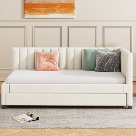 Sofá Cama 90x200 cm Extraíble Base de Lamas Terciopelo Beige (Sin Colchón)