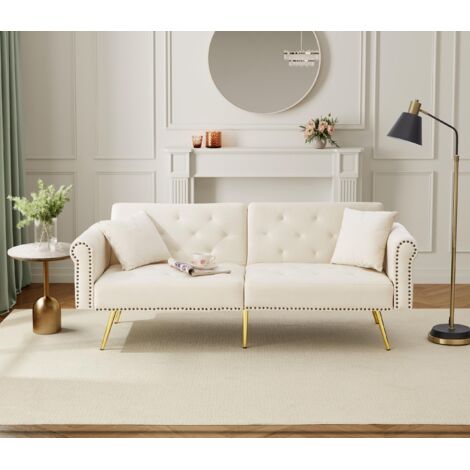 Sofá-cama Auxiliar 147x85 Cm Terciopelo Beige, Respaldo 3 Posiciones Independiente, Patas Metal Dorado