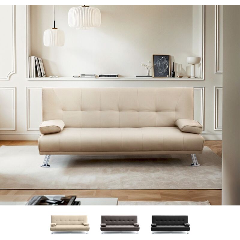 

Sofá cama biplaza de cuero polipiel con reposabrazos Olivina para casa y locales públicos Pronto Letto | Color: Beige