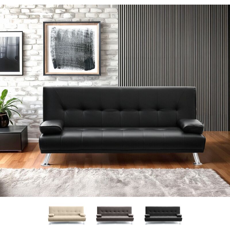 

Sofá cama biplaza de cuero polipiel con reposabrazos Olivina para casa y locales públicos Pronto Letto | Color: Negro
