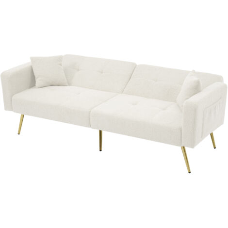 Sofá cama blanco de 175 x 72 x 64 cm, con ángulo ajustable, cojines y compartimentos laterales, ideal para el ocio en casa o para recibir invitados.