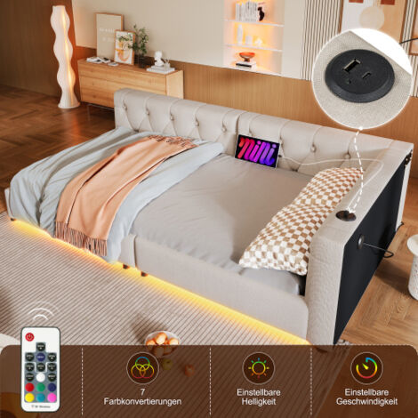 Sofá cama, cama individual 90x200 cm acolchada, cama infantil con iluminación LED, toma USB y base de látex, tejido de lino, beige, sin colchón