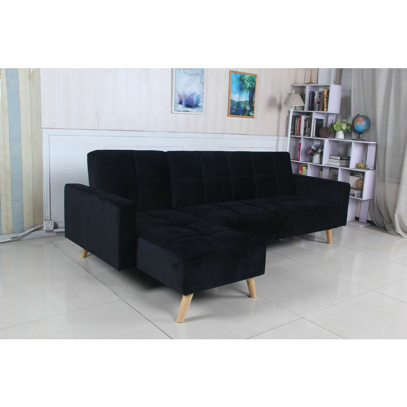 

Saldosystocks - Sofá cama chaise longue Marky negro terciopelo diseño estilo nordico con patas de madera, 3 plazas