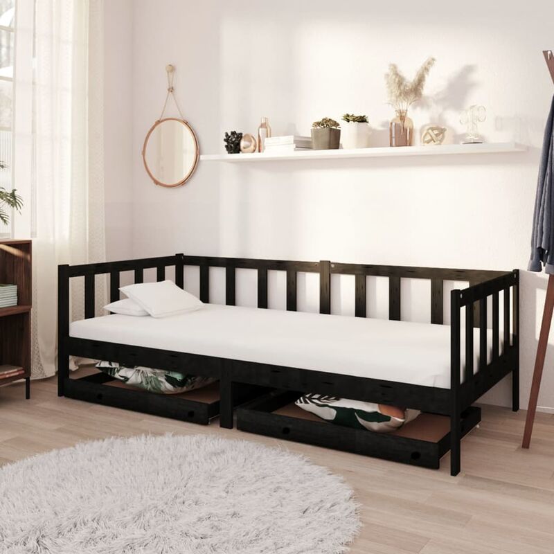 

Sofá cama con cajones madera de pino maciza negro 90x200 cm