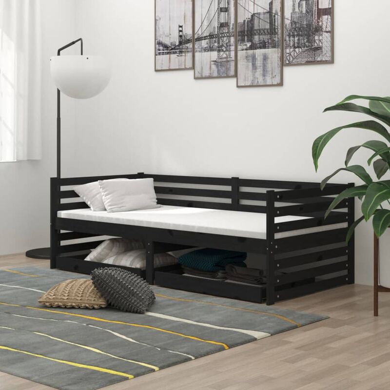 

Sofá cama con cajones madera de pino maciza negro 90x200 cm