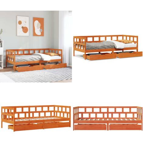 Sofá cama con cajones madera maciza pino marrón cera 80x200 cm - Cama con cajones - Sofá cama madera