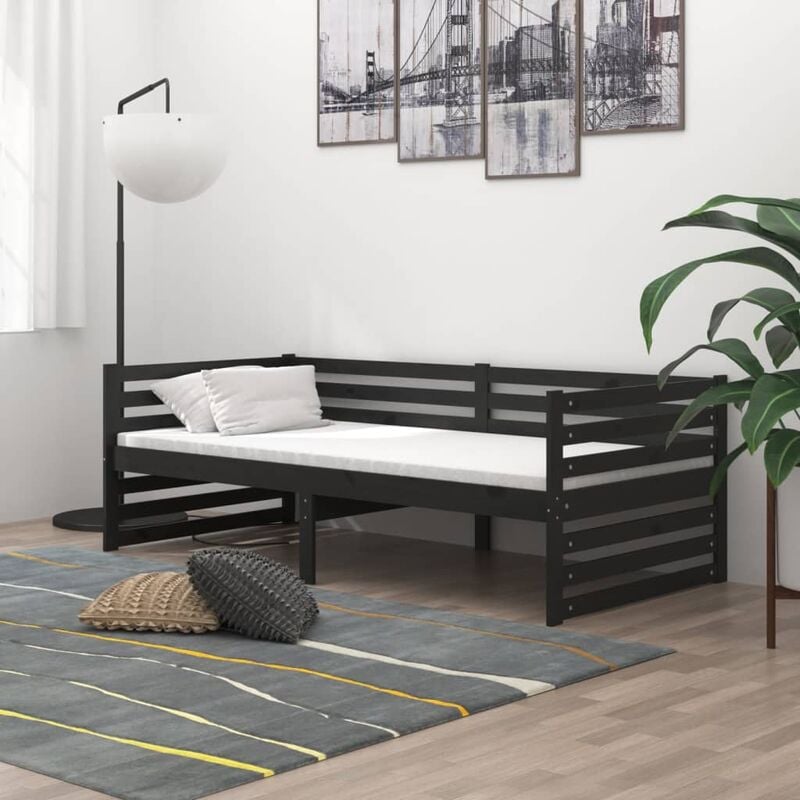 

Sofá cama con colchón madera de pino maciza negro 90x200 cm