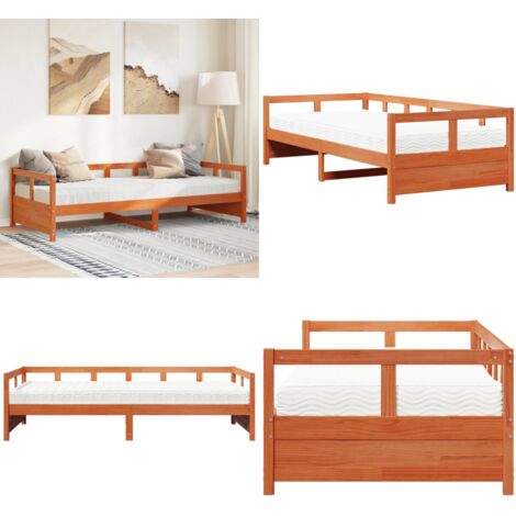 Sofá cama con colchón madera maciza pino marrón cera 80x200 cm - Sofá cama con colchón - Sofá cama madera