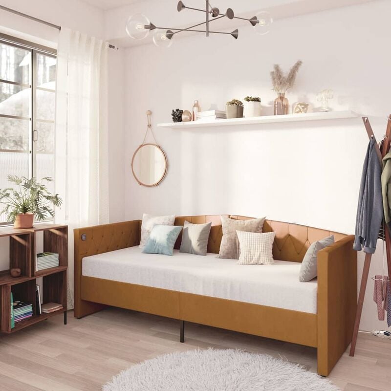 

Sofá cama con colchón USB de terciopelo marrón 90x200 cm