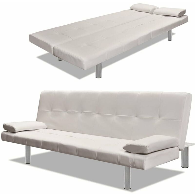 

Sofa cama con dos almohadas ajustable cuero artificial crema