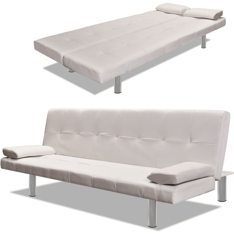 

Sofa cama con dos almohadas ajustable cuero artificial crema