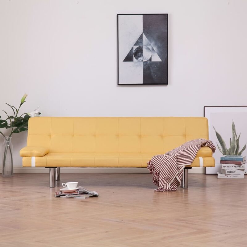 

Sofá cama con dos almohadas de poliéster amarillo