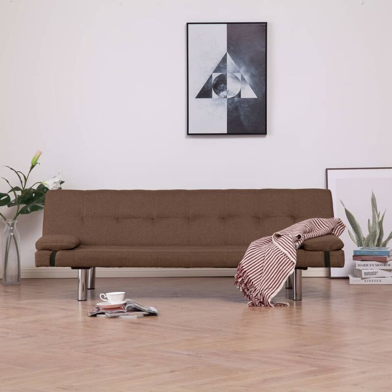

Sofá cama con dos almohadas de poliéster marrón