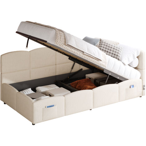 Sofá cama con espacio de almacenamiento bouclé beige 90x200 cm, somier incluido, USB-A y USB-C