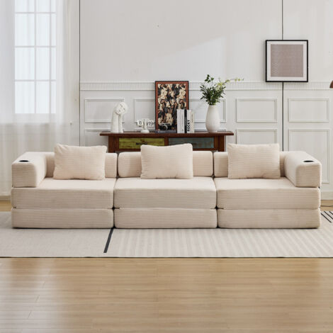 Sofá cama convertible de pana de 300 cm – 2 portavasos, 3 cojines, blanco