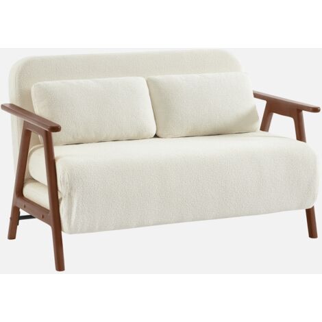 Sofá cama convertible en borreguito y madera teñido nogal, 2 plazas