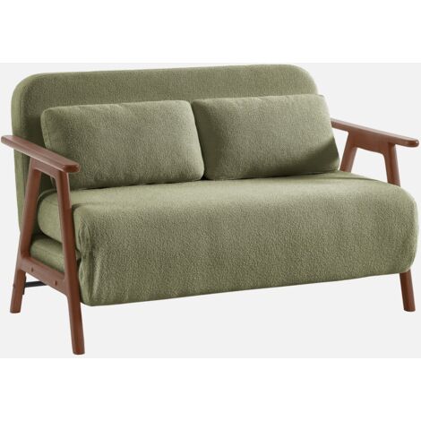 Sofá cama convertible en borreguito y madera teñido nogal, 2 plazas