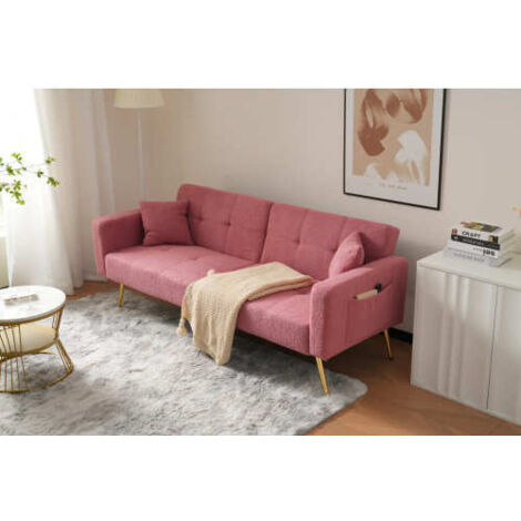 Sofá cama de 2 plazas con ángulo regulable, patas doradas, cojines y bolsillos laterales, 175x64x72 cm, color rosa