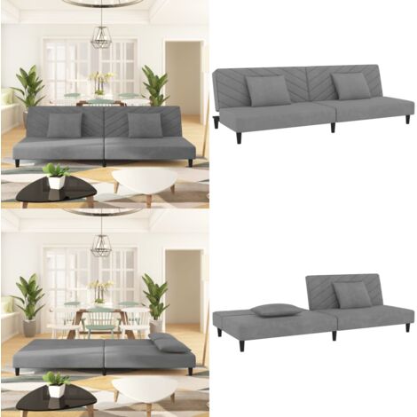 Sofá cama de 2 plazas con dos almohadas terciopelo gris claro - Cama de invitados - Sofá convertible