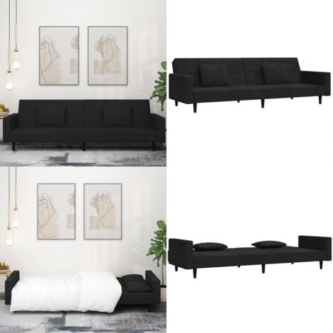 Sofá cama de 2 plazas con dos almohadas terciopelo negro - Cama de invitados - Sofá convertible