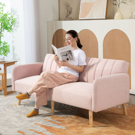 Sofá Cama de 2 Plazas Tapizado en Lino Sintético con Respaldo Ajustable y Reposabrazos Desmontables 173x75x73 cm Rosa